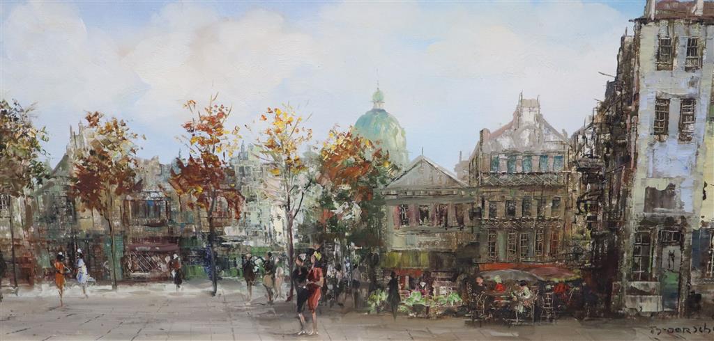 Theodorus van Oorschot, oil on canvas, Town scene, signed, 38 x 78cm and a French street scene by another hand, 45 x 60cm